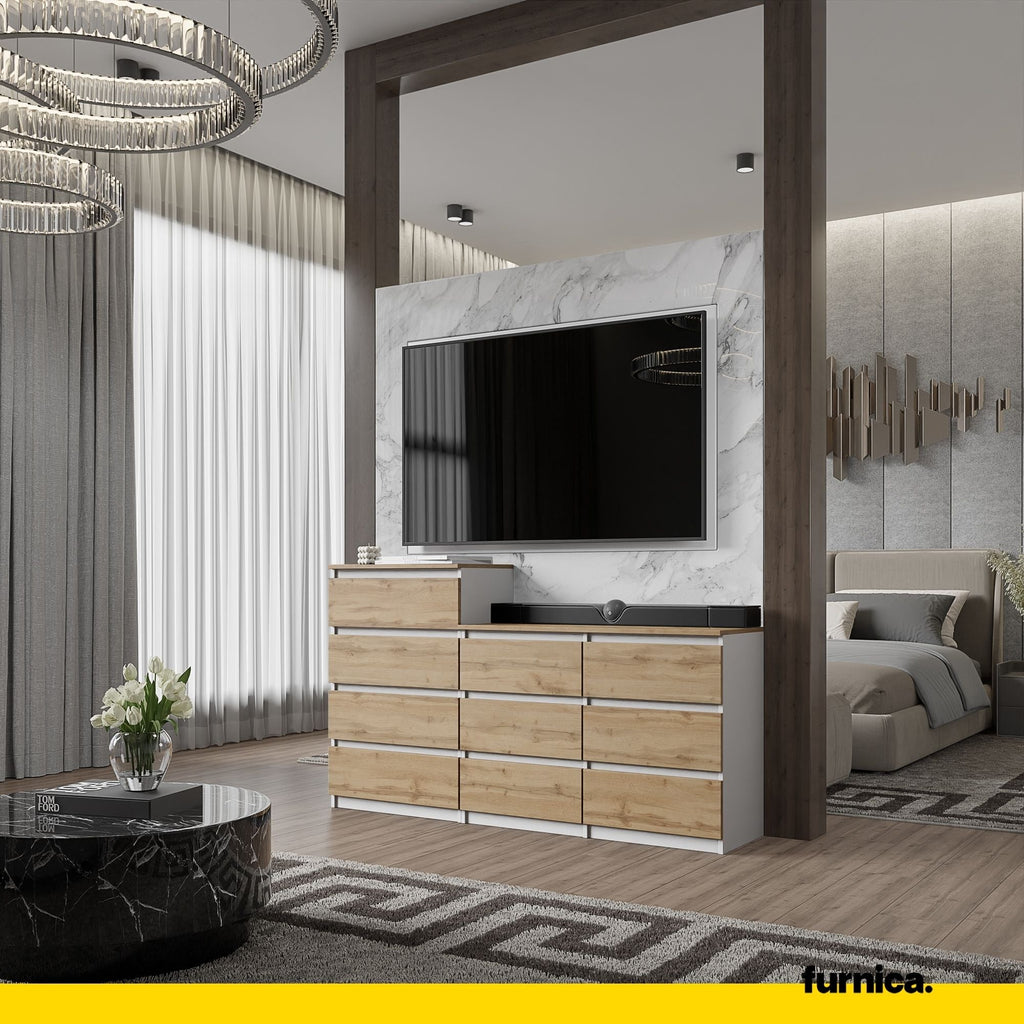 GABRIEL - Komoda se 10 šuplíky (6+4) - Skříň na oblečení do ložnice - Bílý mat / Wotan dub H92/70cm Š160cm H33cm
