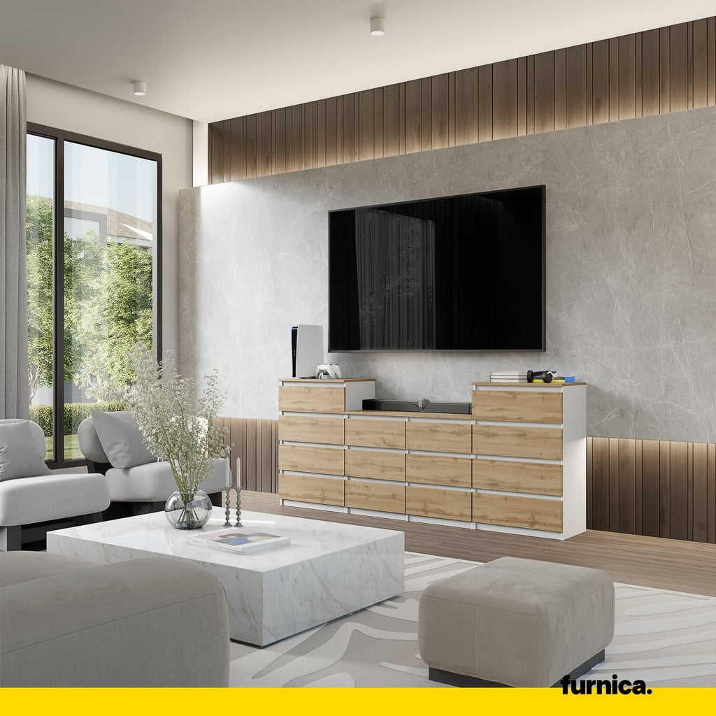 GABRIEL - Komoda se 14 šuplíky (4+6+4) - Skříň na oblečení do ložnice - Bílý mat / Wotan dub H92cm W220cm D33cm
