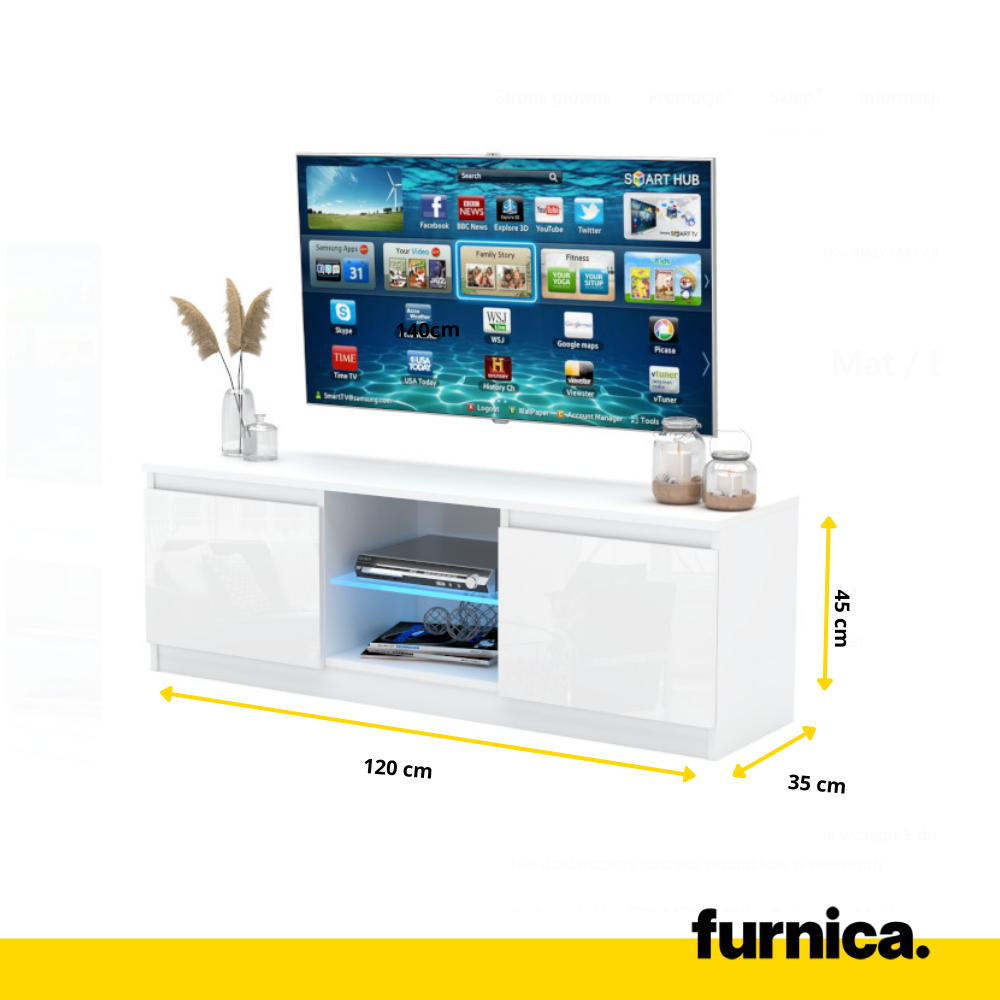 MARCO - TV stolík s 2 dveřmi a 1 skleněnou poličkou - V45cm Š120cm H35cm - Bílý matný / Bílý lesk