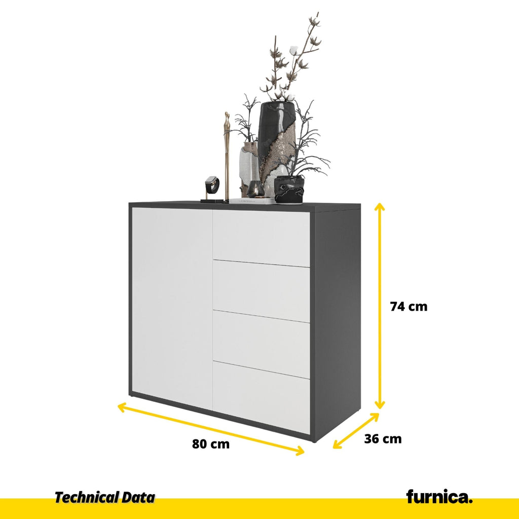 CAMILLE - Skříň s dvířky a 4 zásuvkami s funkcí push to open - antracit / bílá matná barva, výška 74 cm, šířka 80 cm, hloubka 36 cm.