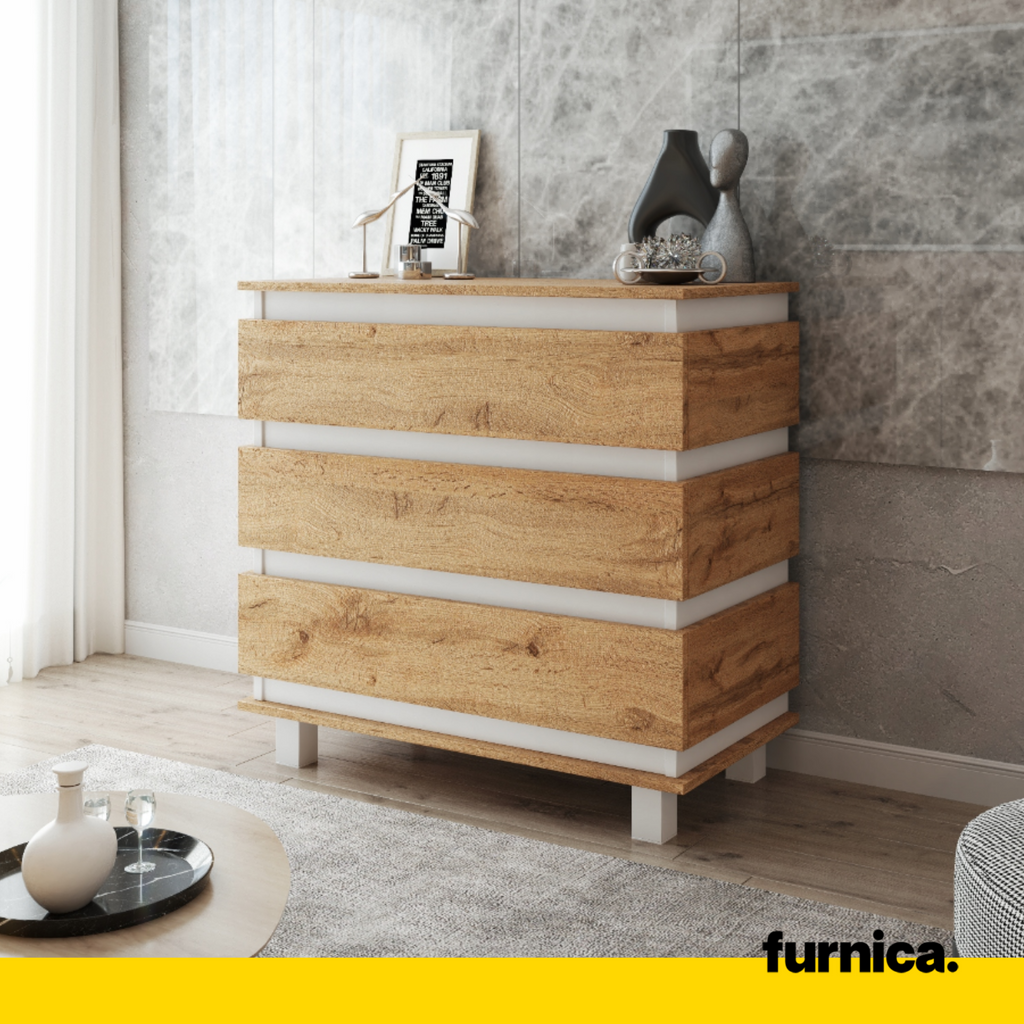 MARGARET - Komoda se 3 zásuvkami - Skříň na oblečení do ložnice - Bílý mat / Wotan dub H86cm W83cm D44cm