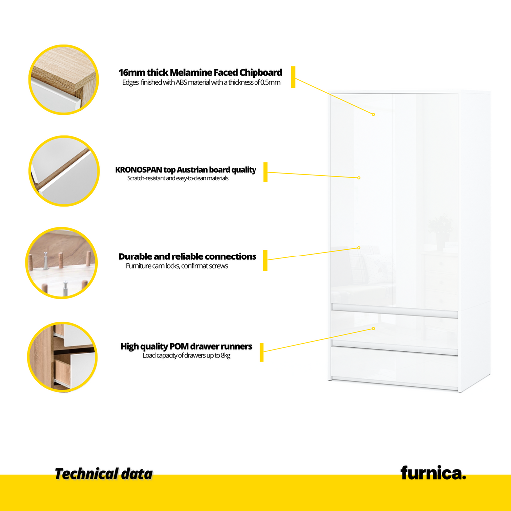 JOELLE - Skříň se 2 dveřmi a 2 zásuvkami - bílý mat / bílý lesk H180cm Š90cm H50cm