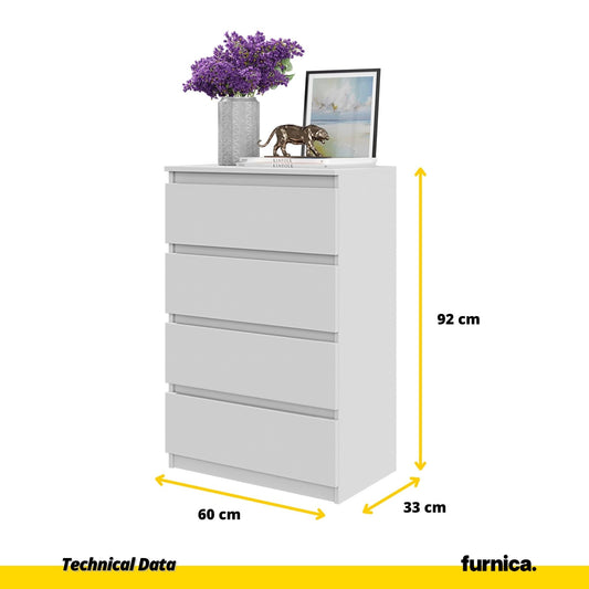 GABRIEL - Komoda se 4 zásuvkami - Skříň na oblečení do ložnice - Bílá matná - Výška 92 cm, šířka 60 cm, hloubka 33 cm.