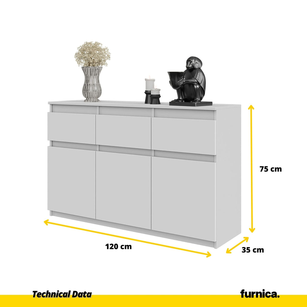 NOAH - Komoda se 3 šuplíky a 3 dveřmi - Skříň na uložení oblečení do ložnice - Bílá matná barva - Výška 75 cm, šířka 120 cm, hloubka 35 cm.