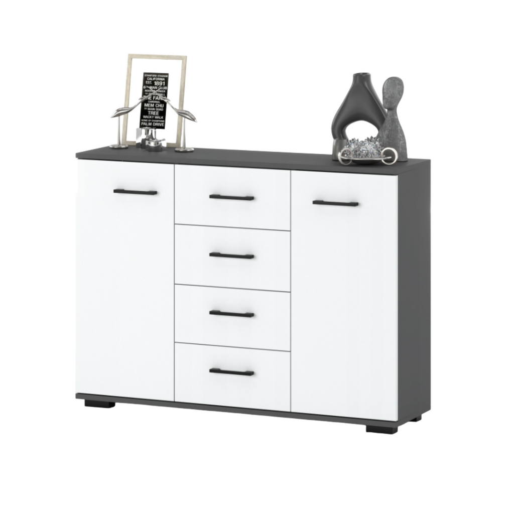 MARK - Komoda se 4 šuplíky a 2 dveřmi - Skříň na oblečení do ložnice - Anthracit / Matně bílá - Výška 85 cm, šířka 120 cm, hloubka 35 cm.