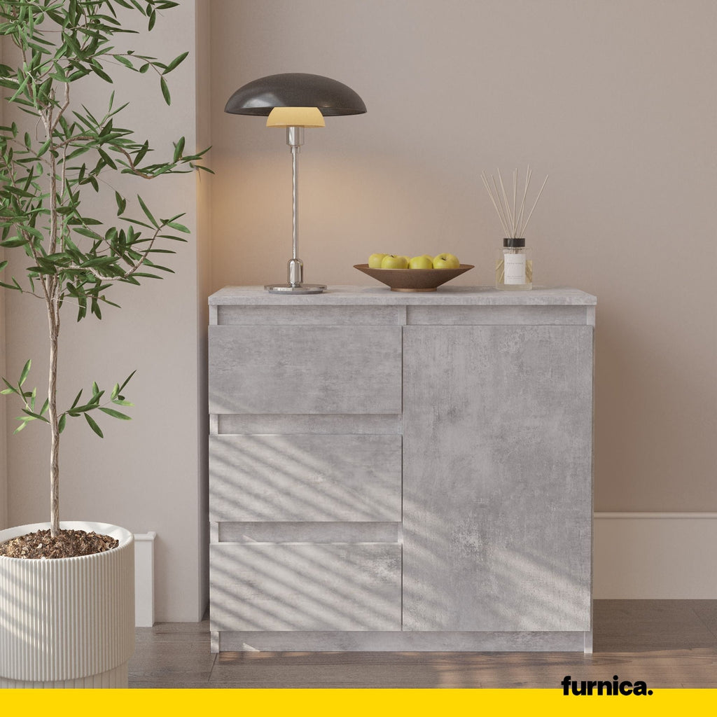 MIKEL - Komoda se 3 šuplíky a 1 dveřmi - Skříň na oblečení do ložnice - Betonová - Výška 75 cm, šířka 80 cm, hloubka 35 cm.