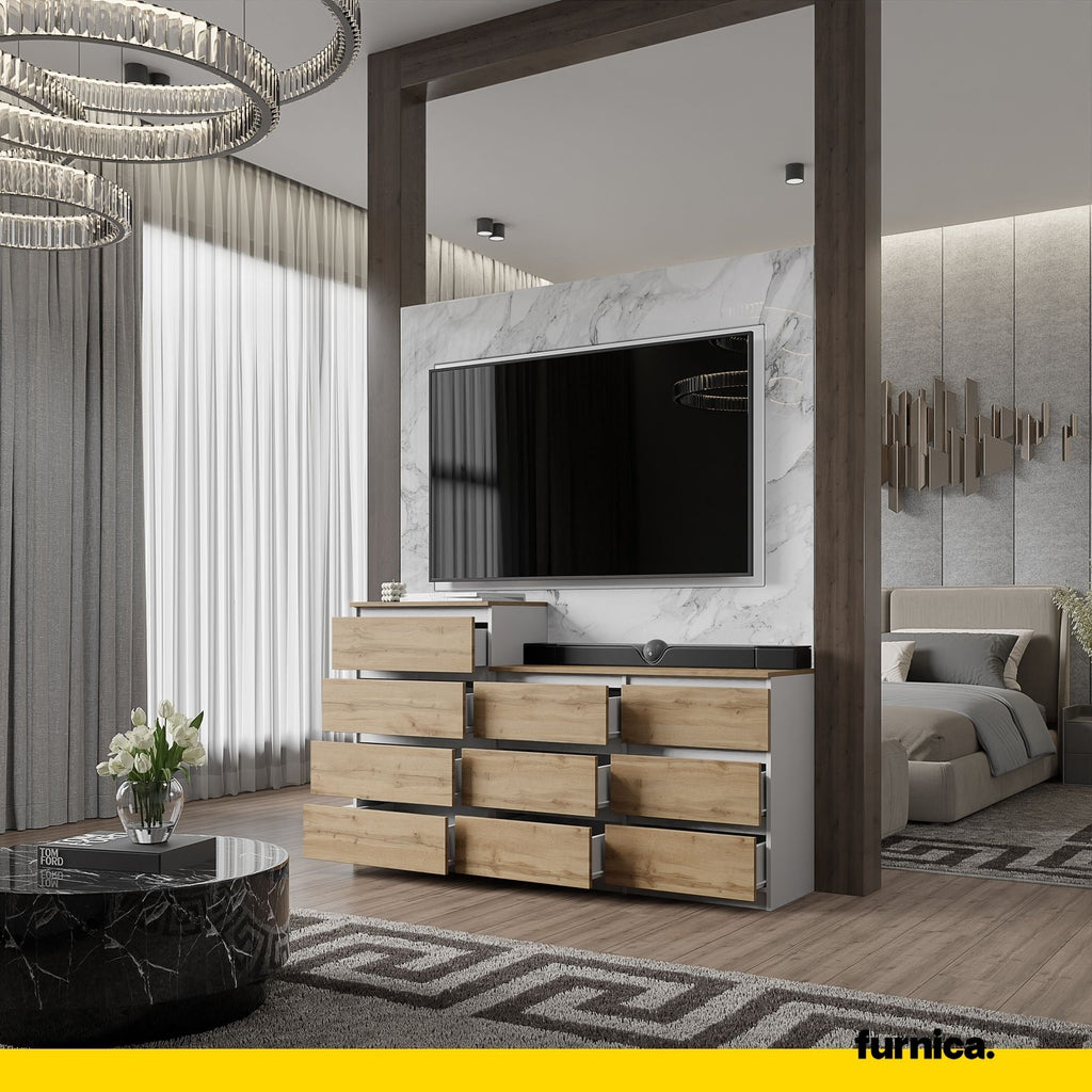 GABRIEL - Komoda se 10 šuplíky (6+4) - Skříň na oblečení do ložnice - Bílý mat / Wotan dub H92/70cm Š160cm H33cm