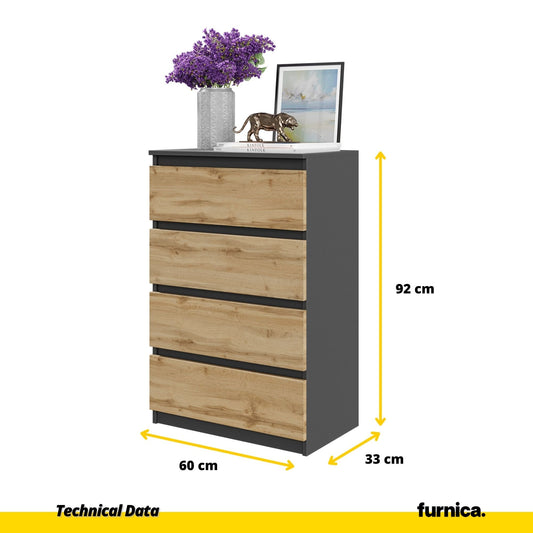 GABRIEL - Komoda se 4 šuplíky - Skříň na oblečení do ložnice - Anthracit / Wotan dub H92cm Š60cm D33cm
