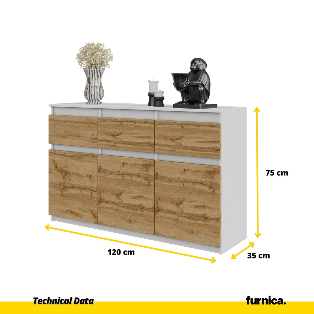 NOAH - Komoda se 3 šuplíky a 3 dveřmi - Skříň na uložení oblečení do ložnice - Bílý mat / Wotan dub H75cm W120cm D35cm