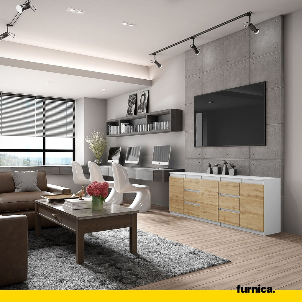 MIKEL - Komoda se 6 šuplíky a 3 dveřmi - Skříň na oblečení do ložnice - Bílý mat/Wotan dub - Výška 75 cm, šířka 200 cm, hloubka 35 cm.