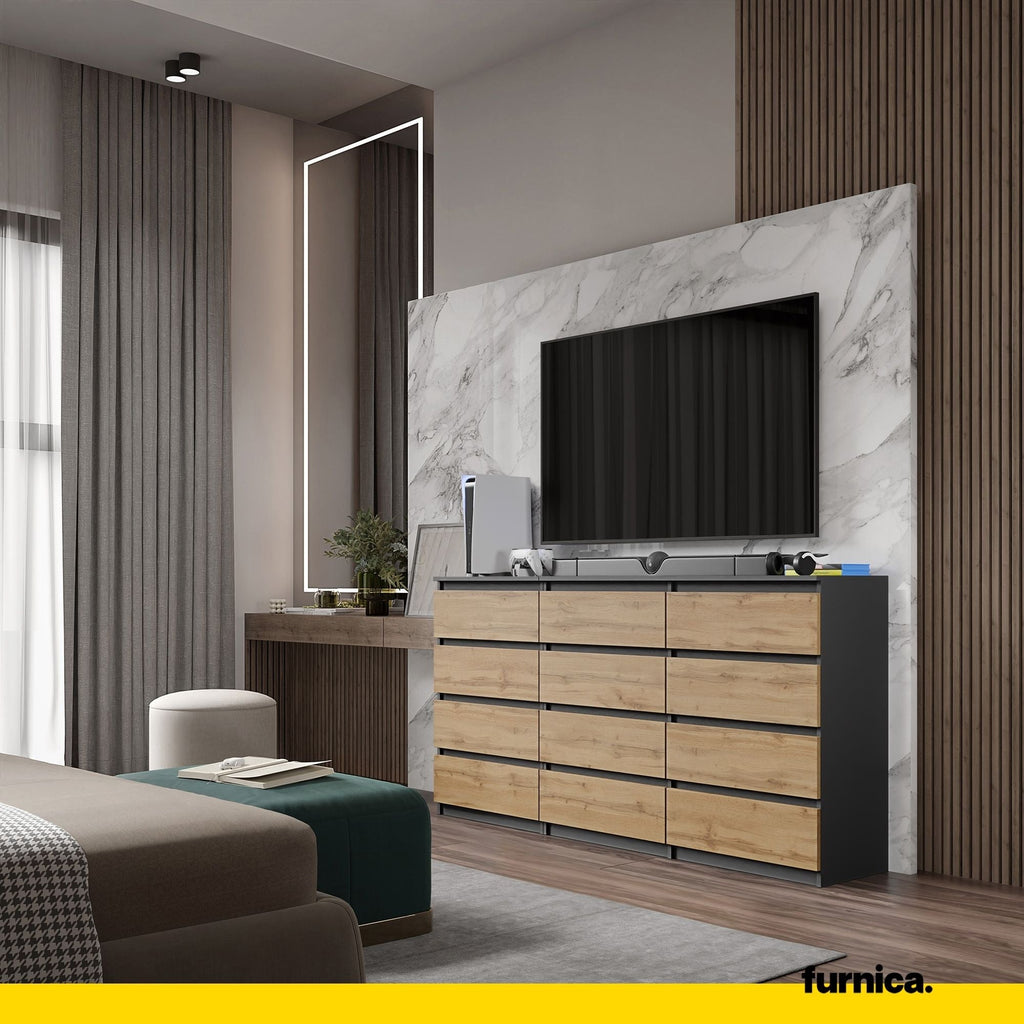 GABRIEL - Komoda se 12 šuplíky (8+4) - Skříň na oblečení do ložnice - Anthracit / Wotan dub H92cm Š180cm D33cm