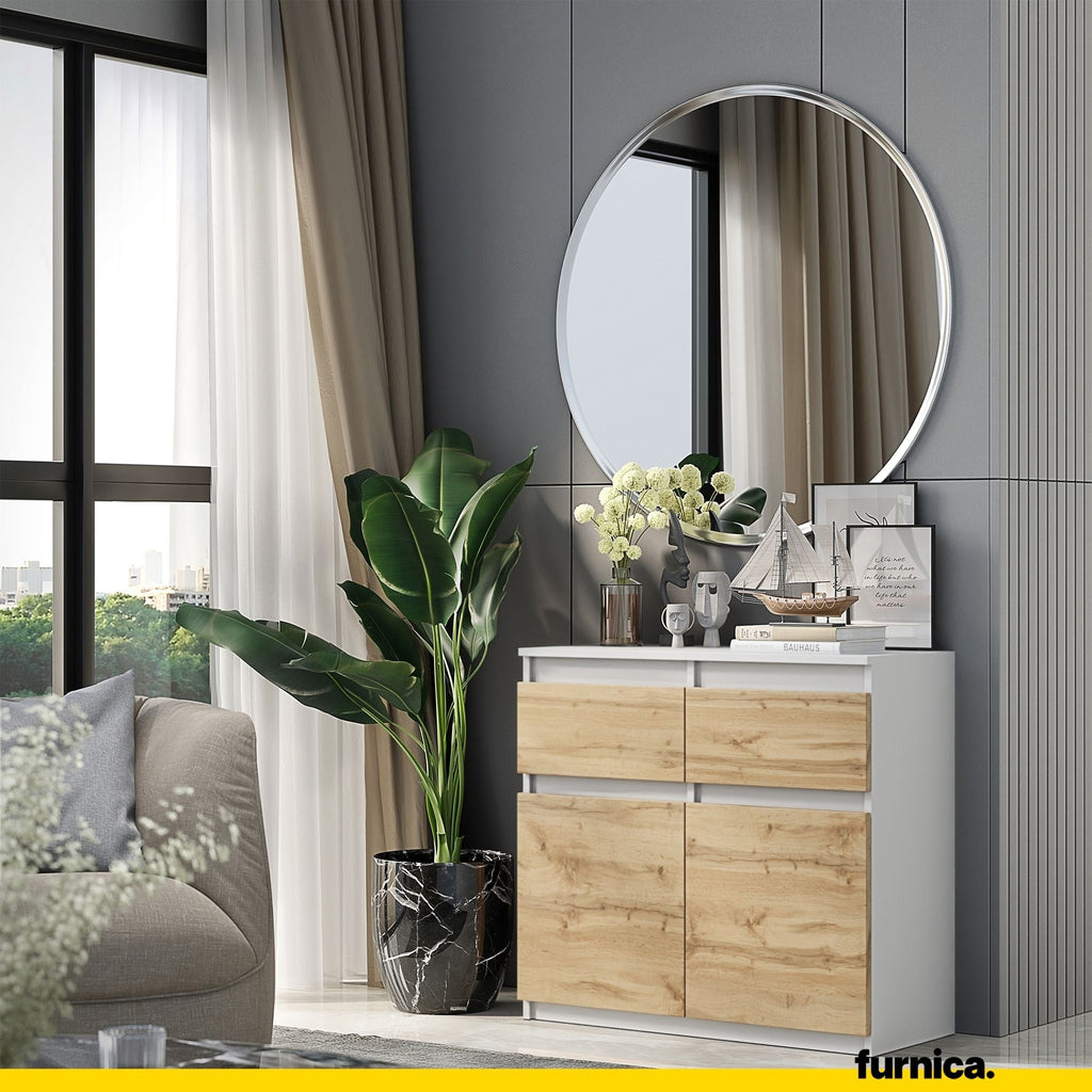 NOAH - Komoda se 2 šuplíky a 2 dveřmi - Skříň na uložení oblečení do ložnice - Bílý mat / Wotan dub - Výška 75 cm, šířka 80 cm, hloubka 35 cm.