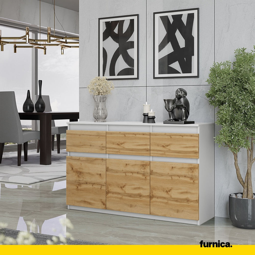 NOAH - Komoda se 3 šuplíky a 3 dveřmi - Skříň na uložení oblečení do ložnice - Bílý mat / Wotan dub H75cm W120cm D35cm