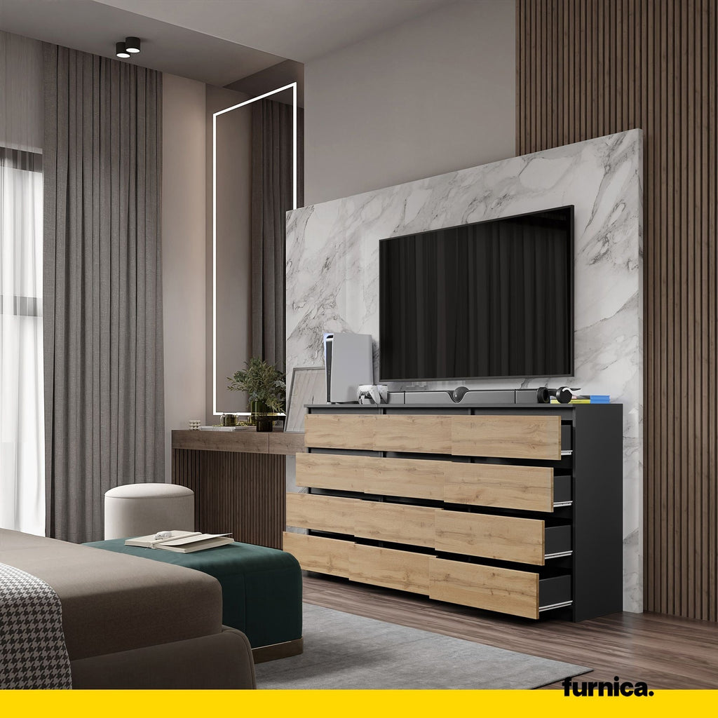 GABRIEL - Komoda se 12 šuplíky (8+4) - Skříň na oblečení do ložnice - Anthracit / Wotan dub H92cm Š180cm D33cm