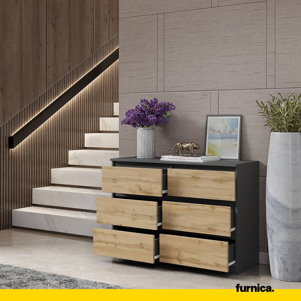 GABRIEL - Komoda se 6 šuplíky - Skříň na oblečení do ložnice - Anthracit / Wotan dub - V71cm Š100cm H33cm