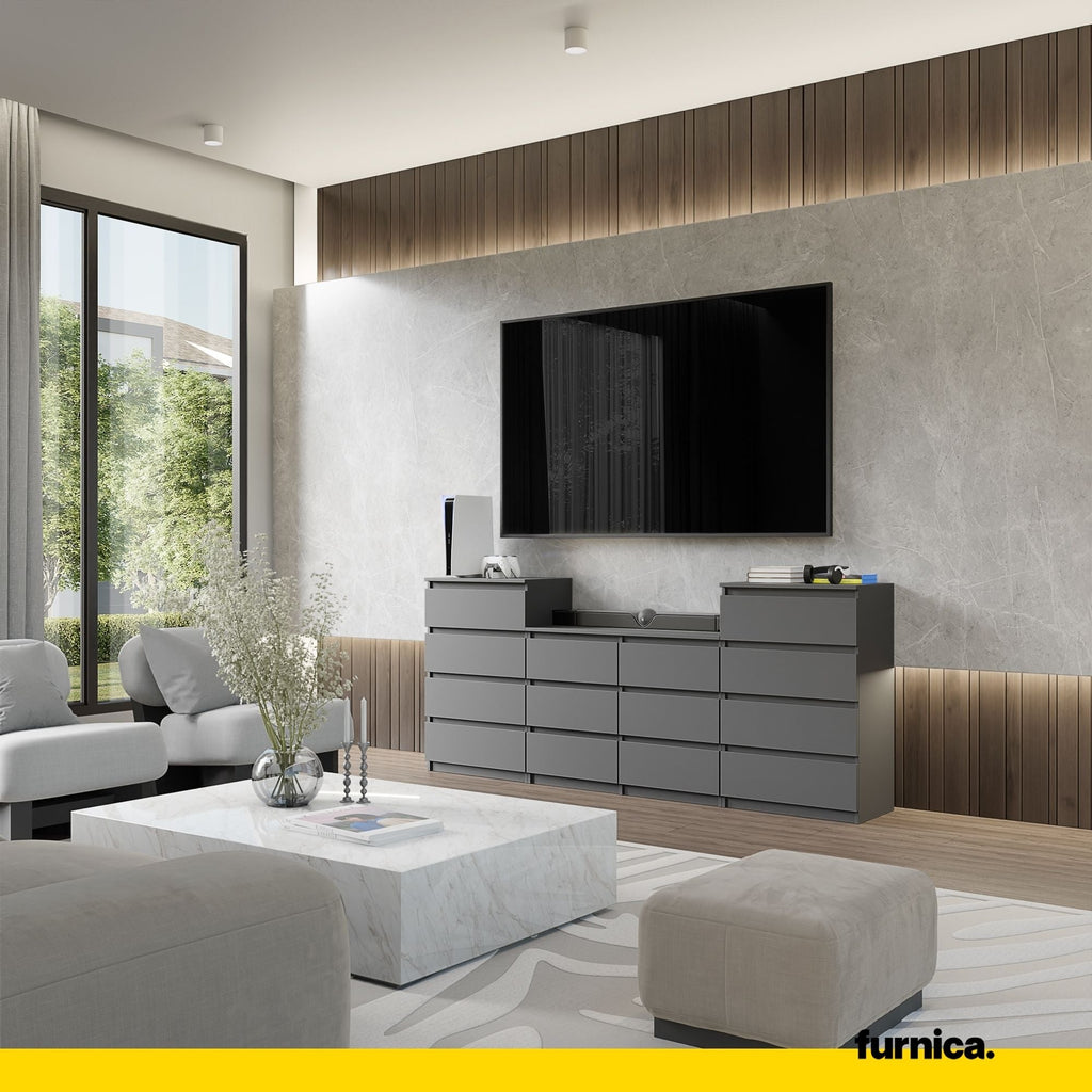 GABRIEL - Komoda se 14 šuplíky (4+6+4) - Skříň na oblečení do ložnice - Anthracitová - Výška 92 cm, šířka 220 cm, hloubka 33 cm.