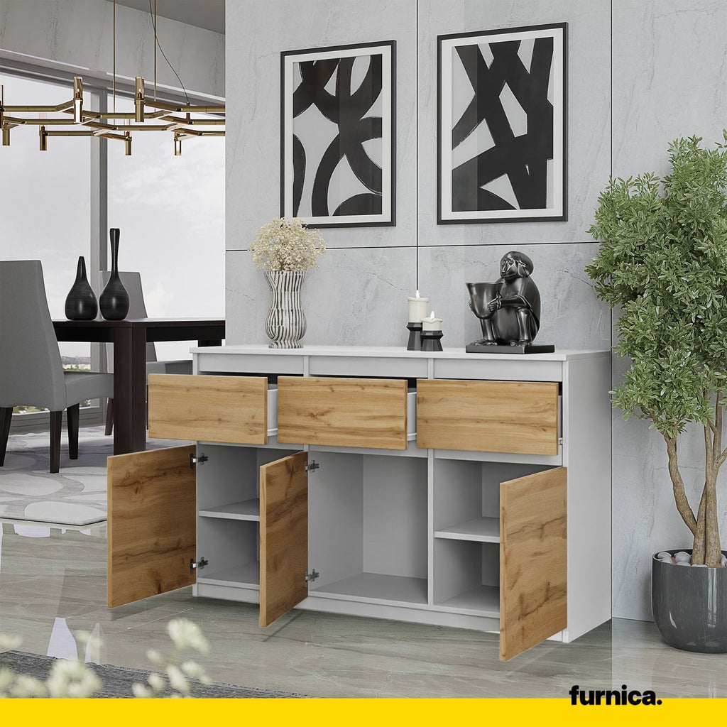 NOAH - Komoda se 3 šuplíky a 3 dveřmi - Skříň na uložení oblečení do ložnice - Bílý mat / Wotan dub H75cm W120cm D35cm