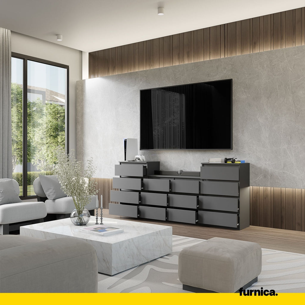 GABRIEL - Komoda se 14 šuplíky (4+6+4) - Skříň na oblečení do ložnice - Anthracitová - Výška 92 cm, šířka 220 cm, hloubka 33 cm.