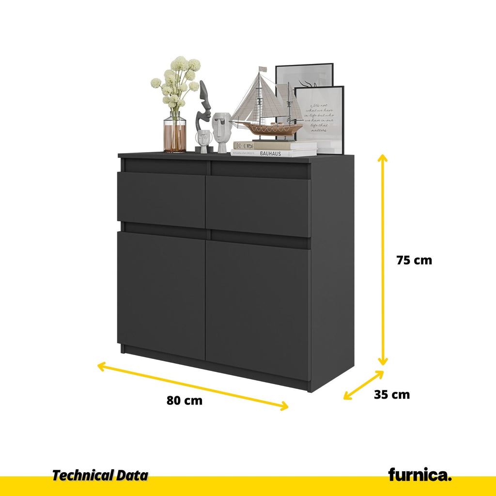 NOAH - Komoda se 2 šuplíky a 2 dveřmi - Skříň na uložení oblečení do ložnice - Anthracitová - Výška 75 cm, šířka 80 cm, hloubka 35 cm.