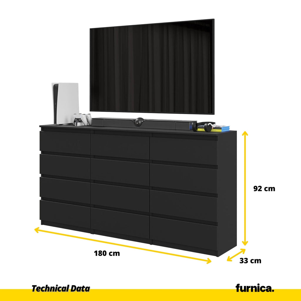 GABRIEL - Komoda se 12 šuplíky (8+4) - Skříň na oblečení do ložnice - Černý matný povrch H92cm Š180cm D33cm
