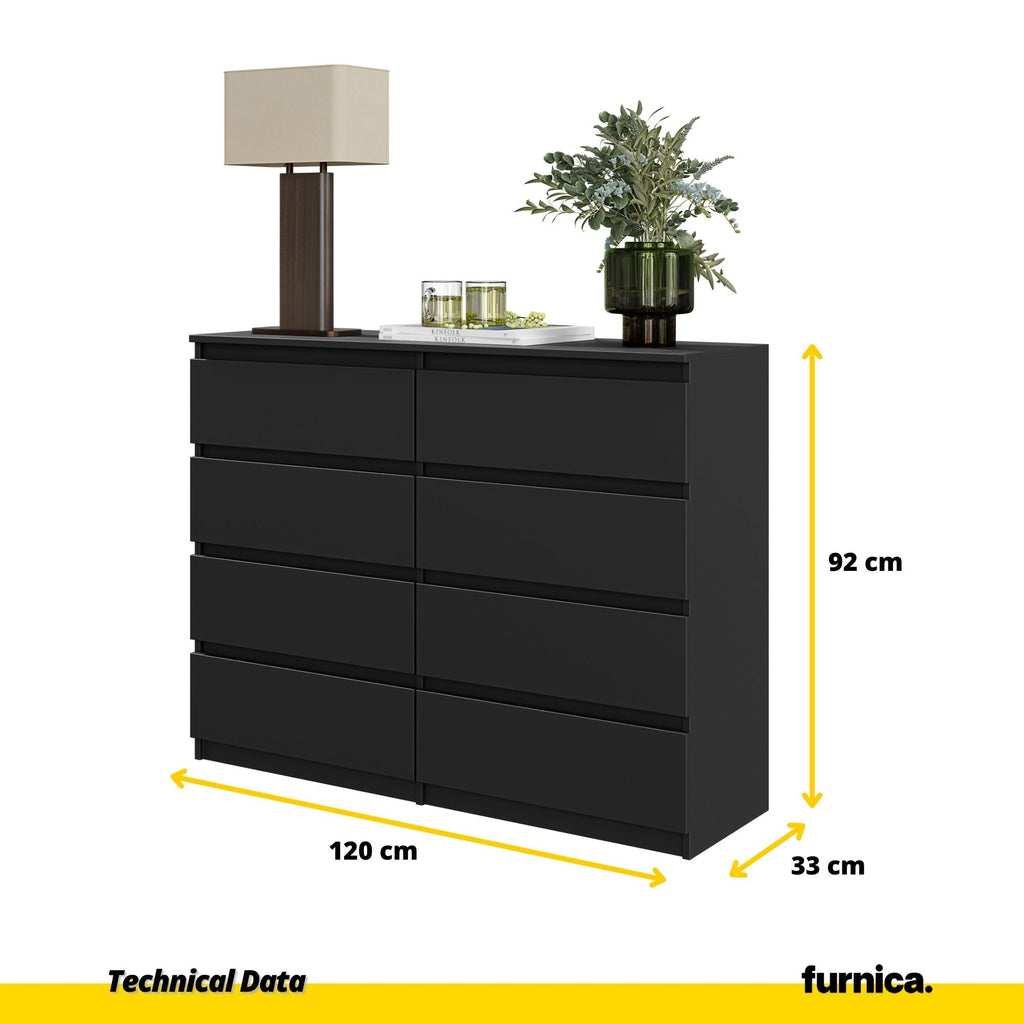 GABRIEL - Komoda se 8 šuplíky - Skříň na oblečení do ložnice - Černý matný povrch H92cm Š120cm D33cm