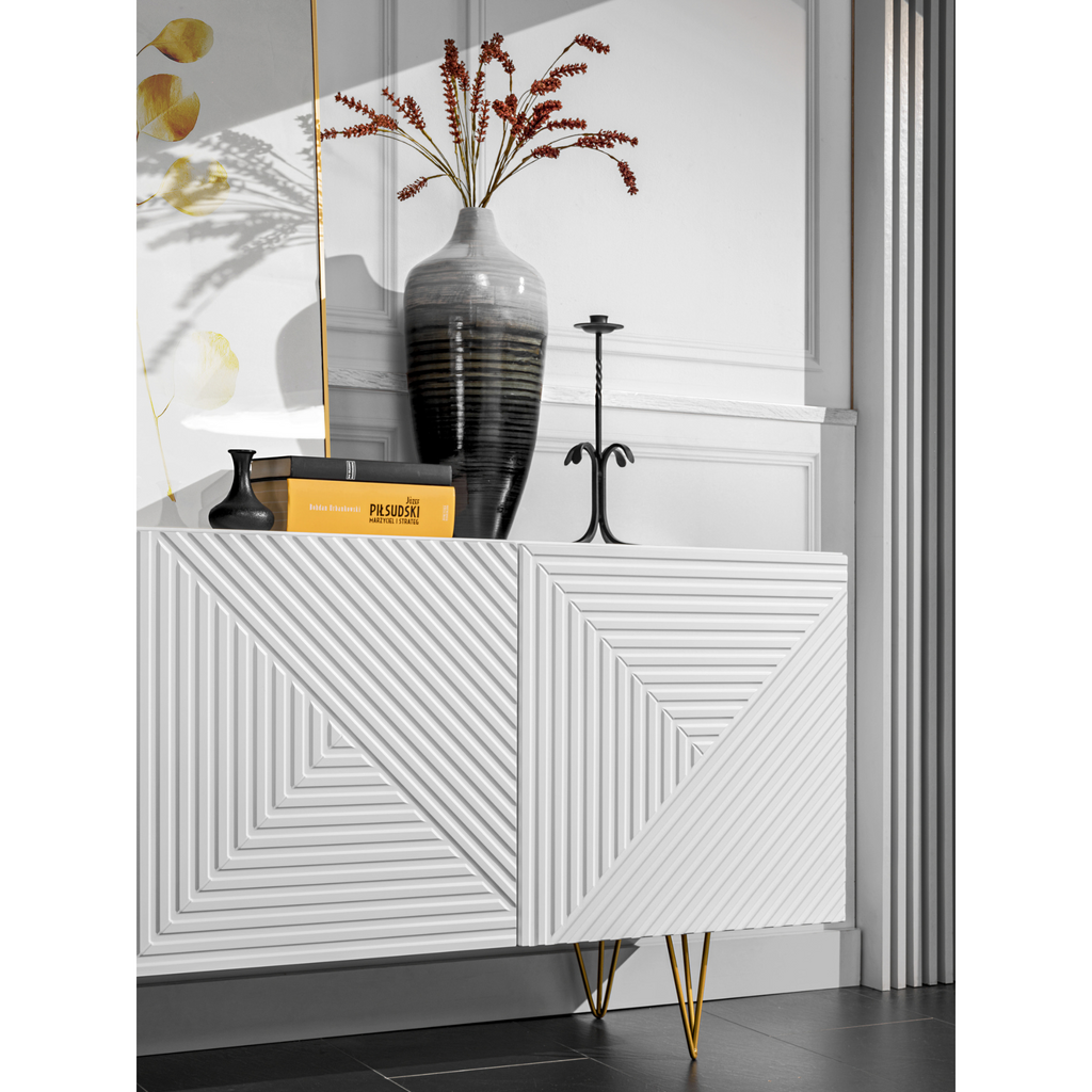 PYRAMIDA - Kredenc s předními/dveřními panely z 3D frézovaného MDF - Matně bílá