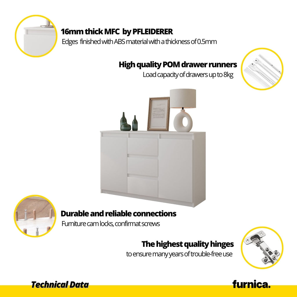 MIKEL - Komoda se 3 šuplíky a 2 dveřmi - Skříň na oblečení do ložnice - Anthracit / Černý lesk - Výška 75 cm, šířka 120 cm, hloubka 35 cm.