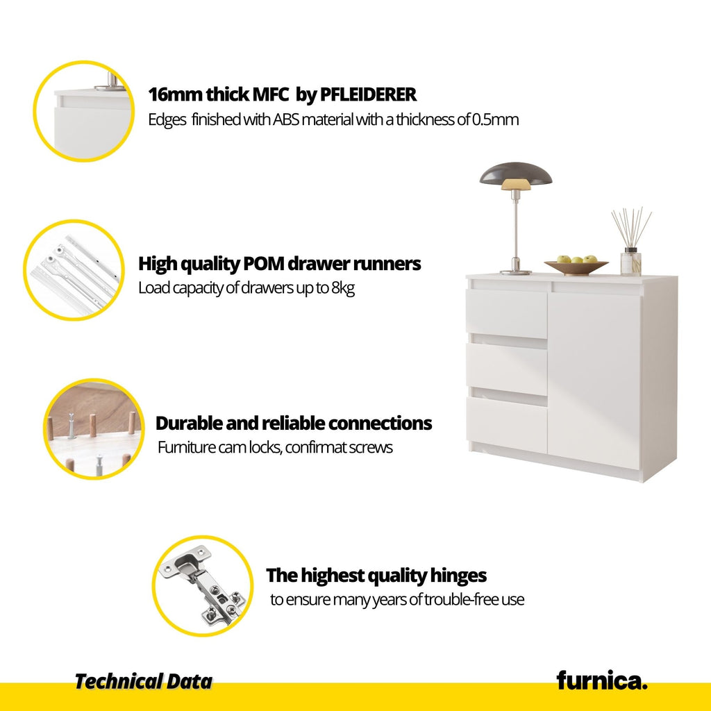 MIKEL - Komoda se 3 šuplíky a 1 dveřmi - Skříň na oblečení do ložnice - Wotan dub / Bílý mat - Výška 75 cm, šířka 80 cm, hloubka 35 cm.