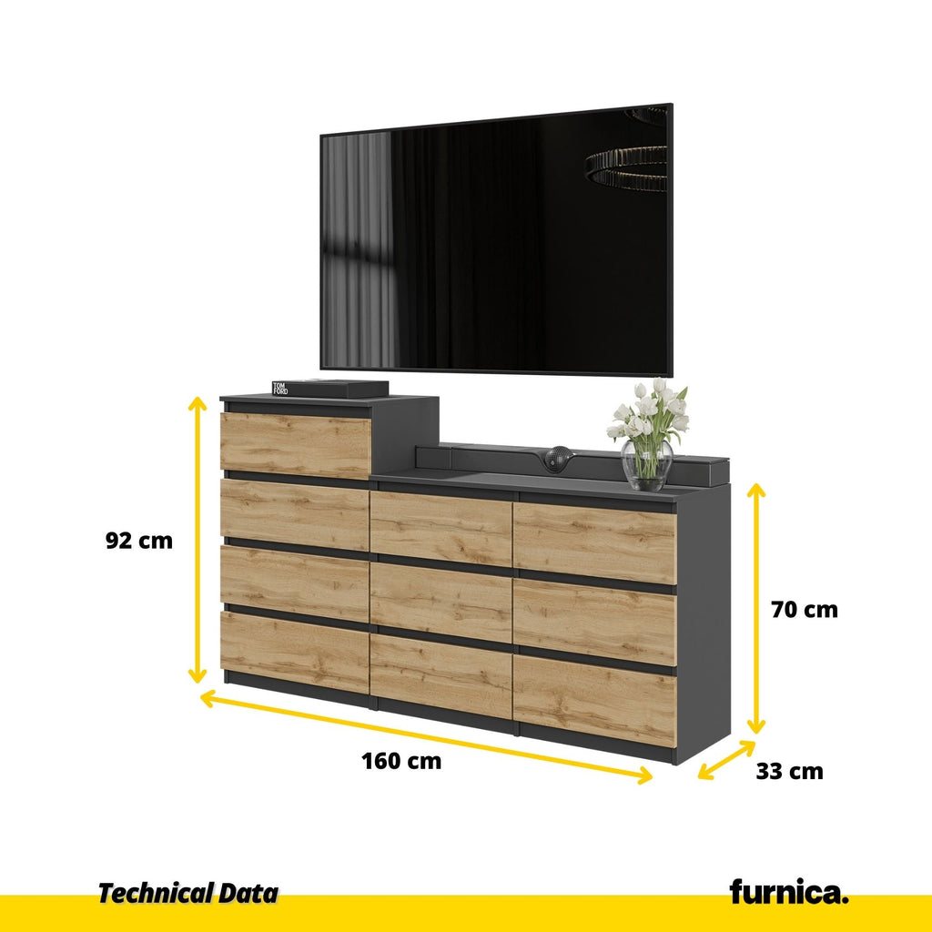 GABRIEL - Komoda se 10 šuplíky (6+4) - Skříň na oblečení do ložnice - Anthracit / Wotan dub H92/70cm Š160cm H33cm