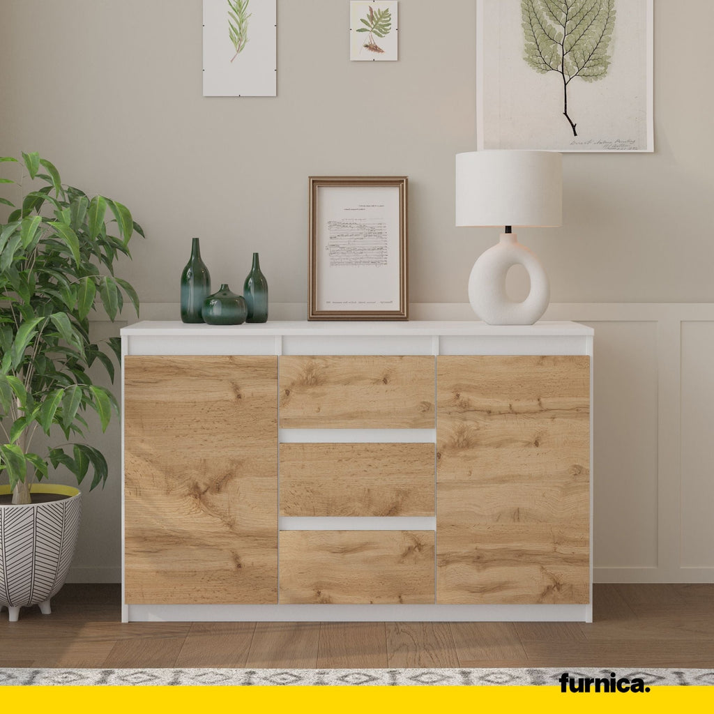 MIKEL - Komoda se 3 šuplíky a 2 dveřmi - Skříň na oblečení do ložnice - Bílý mat / Wotan dub H75cm W120cm D35cm