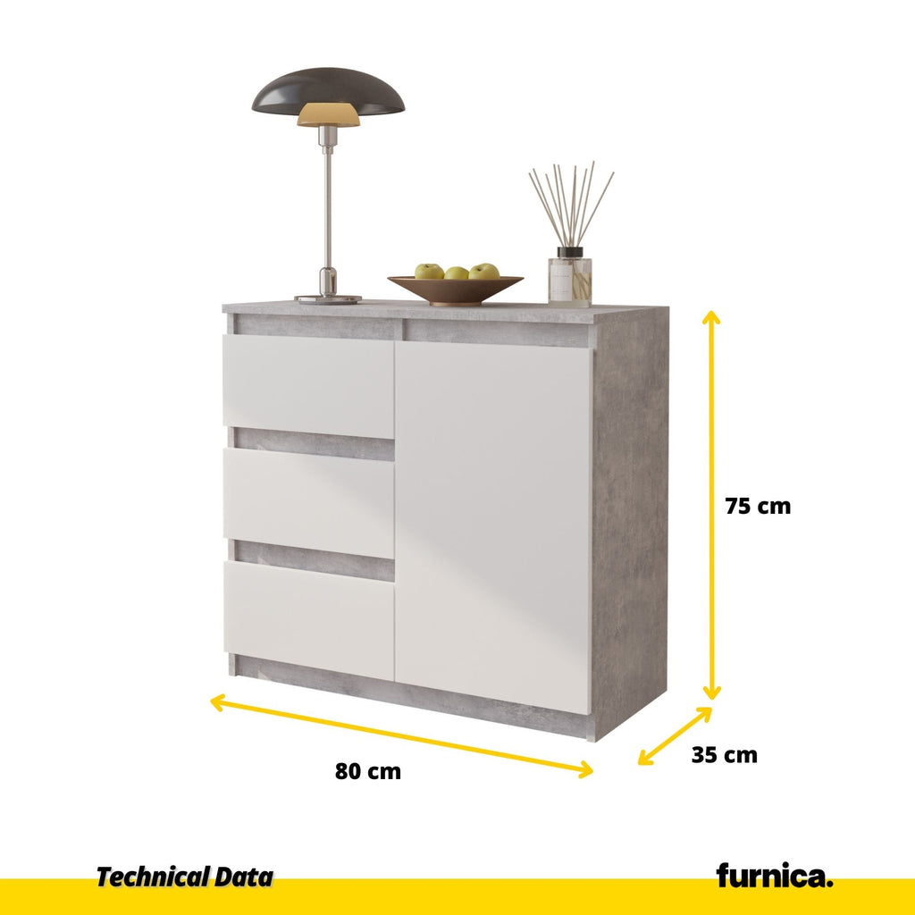 MIKEL - Komoda se 3 šuplíky a 1 dveřmi - Skříň na oblečení do ložnice - Betonová / Bílá matná - Výška 75 cm, šířka 80 cm, hloubka 35 cm.