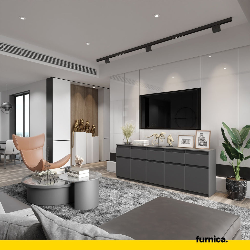 NOAH - Komoda se 5 šuplíky a 5 dveřmi - Skříň na uložení oblečení do ložnice - Anthracitová barva - Výška 75 cm, šířka 200 cm, hloubka 35 cm.