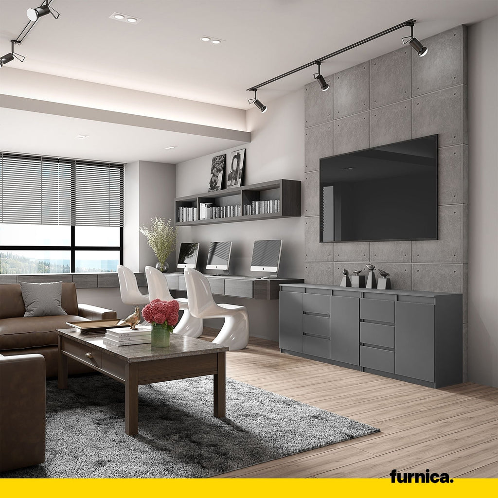 MIKEL - Komoda se 6 šuplíky a 3 dveřmi - Skříň na oblečení do ložnice - Anthracitová - Výška 75 cm, šířka 200 cm, hloubka 35 cm.