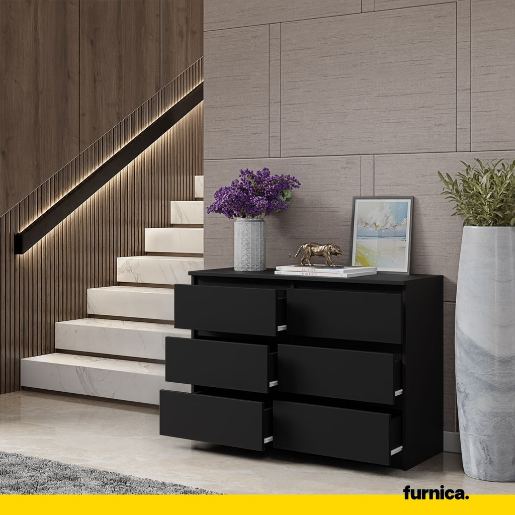 GABRIEL - Komoda se 6 šuplíky - Skříň na oblečení do ložnice - Černý matný povrch - Výška 71 cm, šířka 100 cm, hloubka 33 cm.