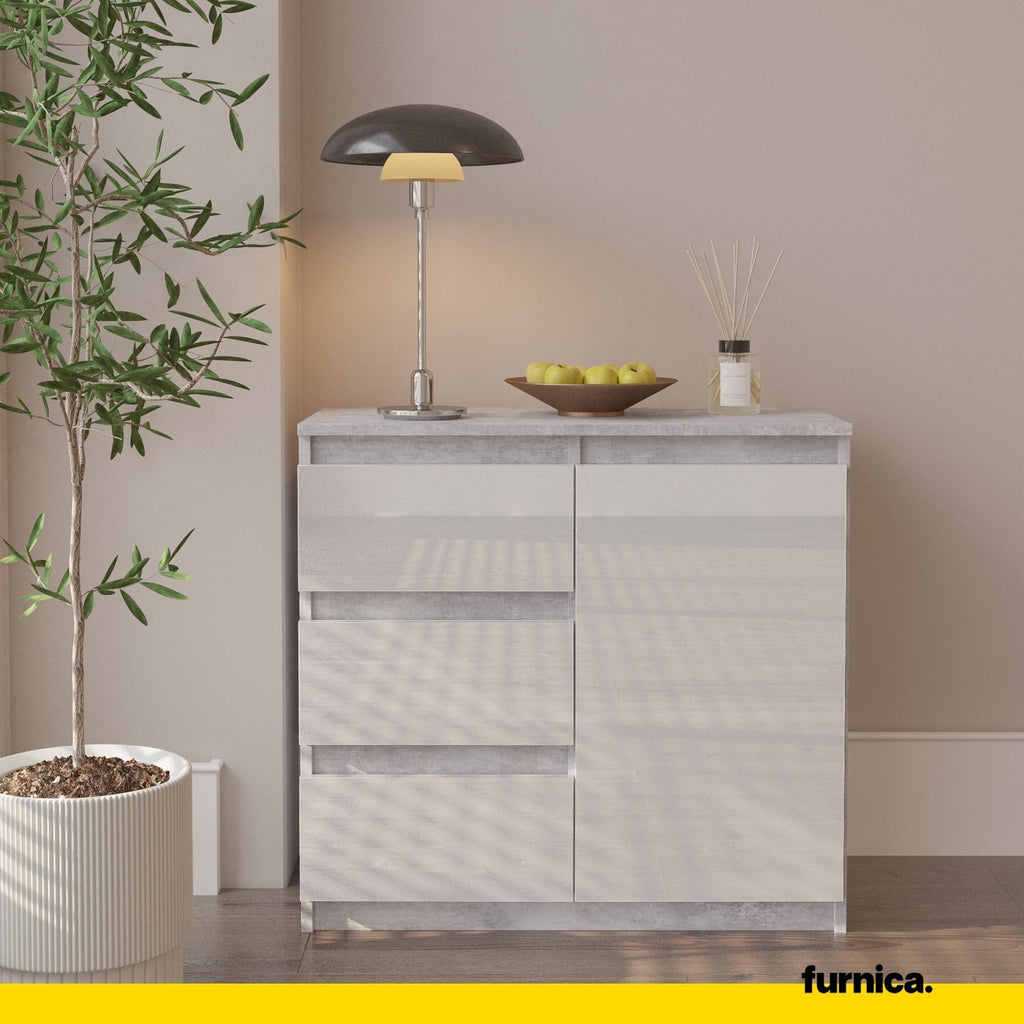 MIKEL - Komoda se 3 šuplíky a 1 dveřmi - Skříň na oblečení do ložnice - Beton / Bílý lesk - Výška 75 cm, šířka 80 cm, hloubka 35 cm.