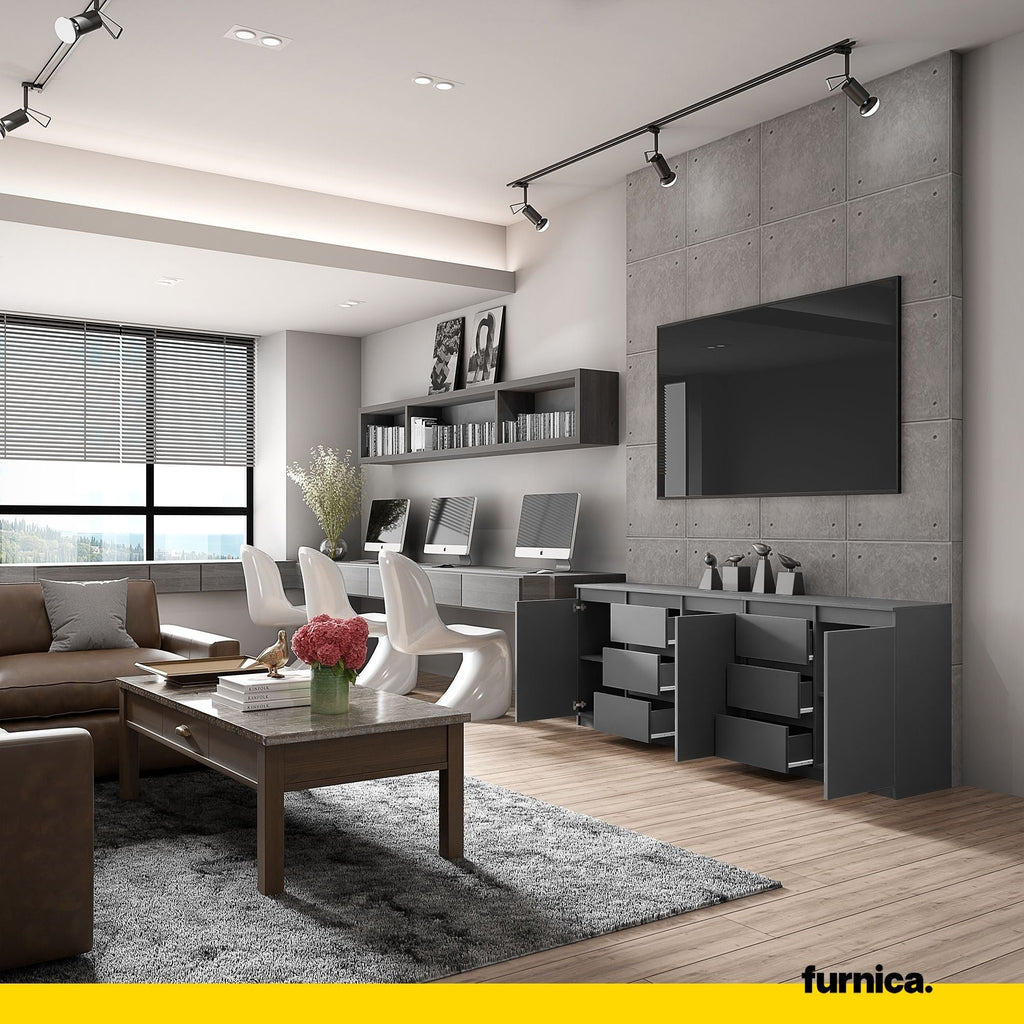 MIKEL - Komoda se 6 šuplíky a 3 dveřmi - Skříň na oblečení do ložnice - Anthracitová - Výška 75 cm, šířka 200 cm, hloubka 35 cm.