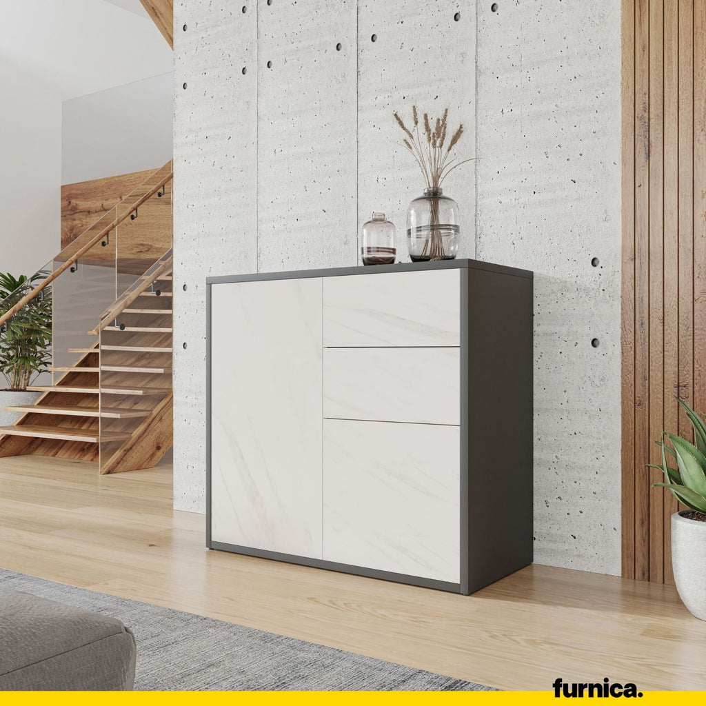 CAMILLE - Skříň s dvěma dveřmi a dvěma šuplíky s funkcí push to open - antracit / bílý mramor H74cm W80cm D36cm