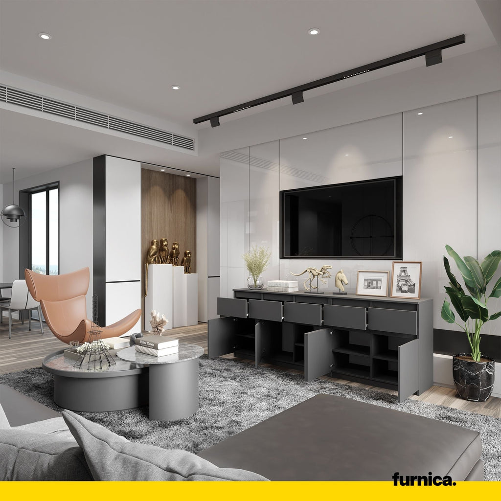 NOAH - Komoda se 5 šuplíky a 5 dveřmi - Skříň na uložení oblečení do ložnice - Anthracitová barva - Výška 75 cm, šířka 200 cm, hloubka 35 cm.