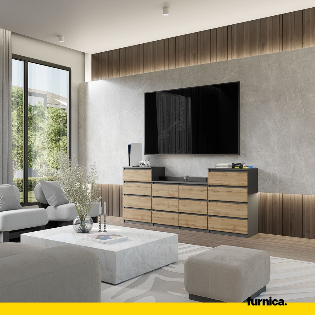 GABRIEL - Komoda se 14 šuplíky (4+6+4) - Skříň na oblečení do ložnice - Anthracit / Wotan dub H92cm Š220cm H33cm