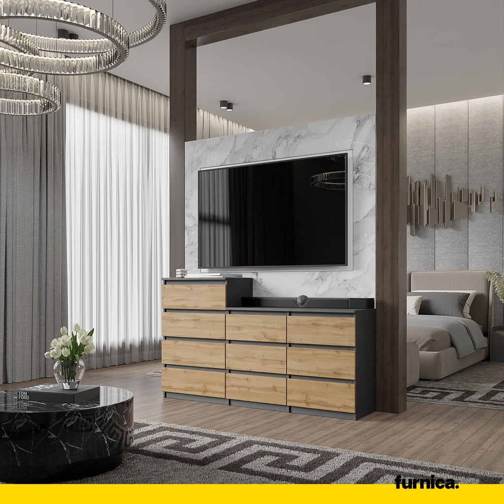 GABRIEL - Komoda se 10 šuplíky (6+4) - Skříň na oblečení do ložnice - Anthracit / Wotan dub H92/70cm Š160cm H33cm