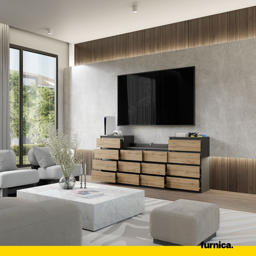 GABRIEL - Komoda se 14 šuplíky (4+6+4) - Skříň na oblečení do ložnice - Anthracit / Wotan dub H92cm Š220cm H33cm