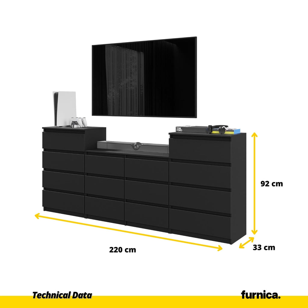 GABRIEL - Komoda se 14 šuplíky (4+6+4) - Skříň na oblečení do ložnice - Černý matný povrch H92cm Š220cm D33cm
