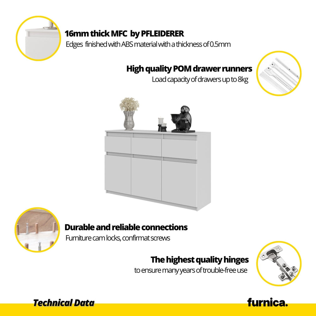 NOAH - Komoda se 3 šuplíky a 3 dveřmi - Skříň na uložení oblečení do ložnice - Anthracit / Matně bílá - Výška 75 cm, šířka 120 cm, hloubka 35 cm.
