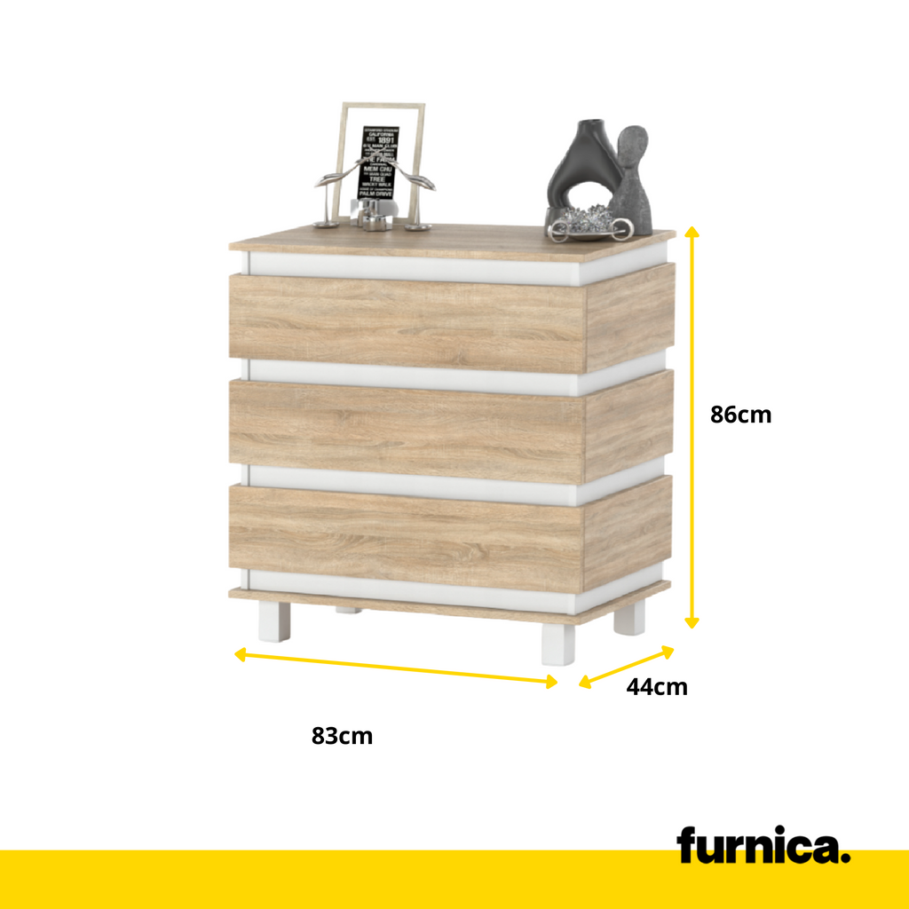 MARGARET - Komoda se 3 zásuvkami - Skříň na oblečení do ložnice - Bílý mat / Sonoma dub - V: 86 cm, Š: 83 cm, H: 44 cm