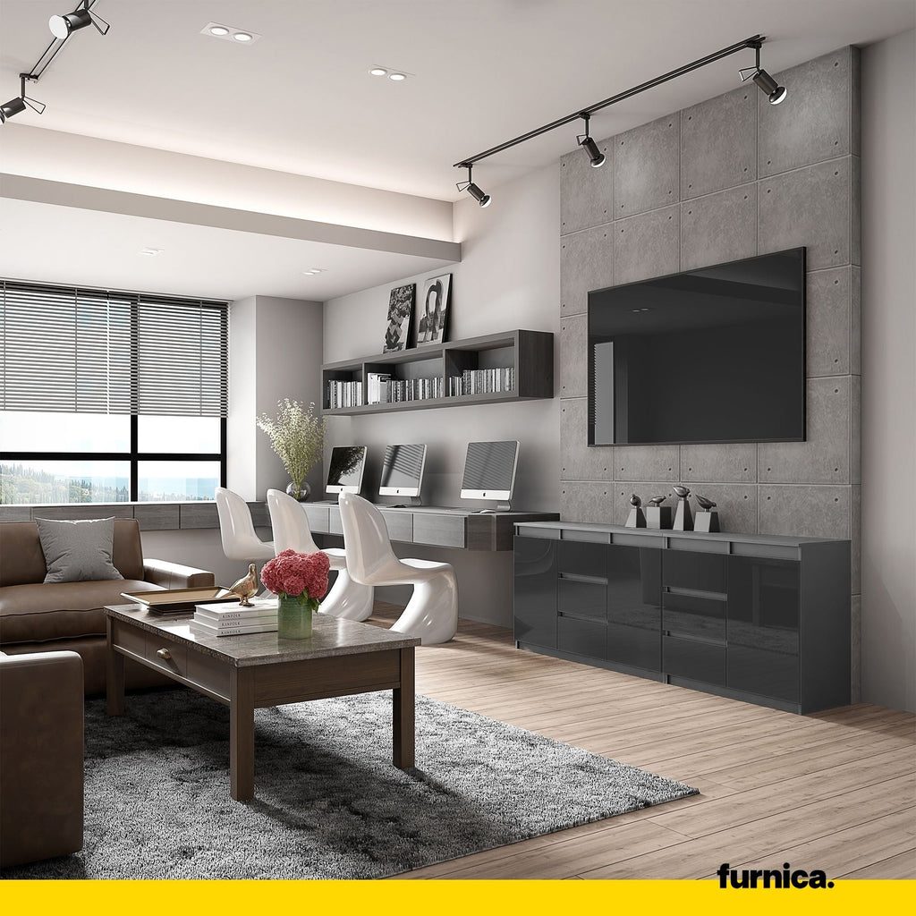 MIKEL - Komoda se 6 šuplíky a 3 dveřmi - Skříň na oblečení do ložnice - Anthracit / Lesklý černý - Výška 75 cm, šířka 200 cm, hloubka 35 cm.