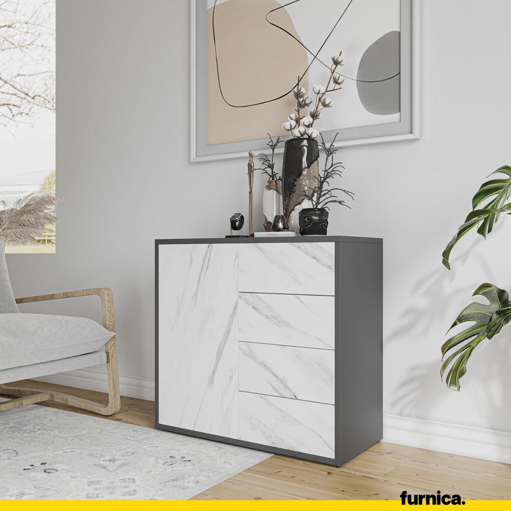 CAMILLE - Skříň s dvířky a 4 zásuvkami s funkcí push to open - antracit / bílý mramor H74cm Š80cm H36cm