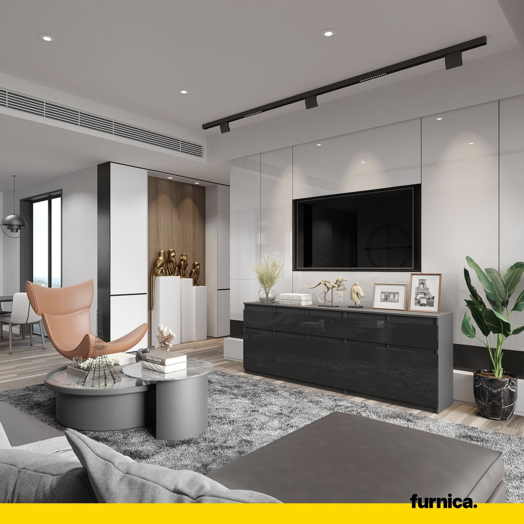 NOAH - Komoda se 5 šuplíky a 5 dveřmi - Skříň na uložení oblečení do ložnice - Anthracit / Lesklý černý - V: 75 cm, Š: 200 cm, H: 35 cm