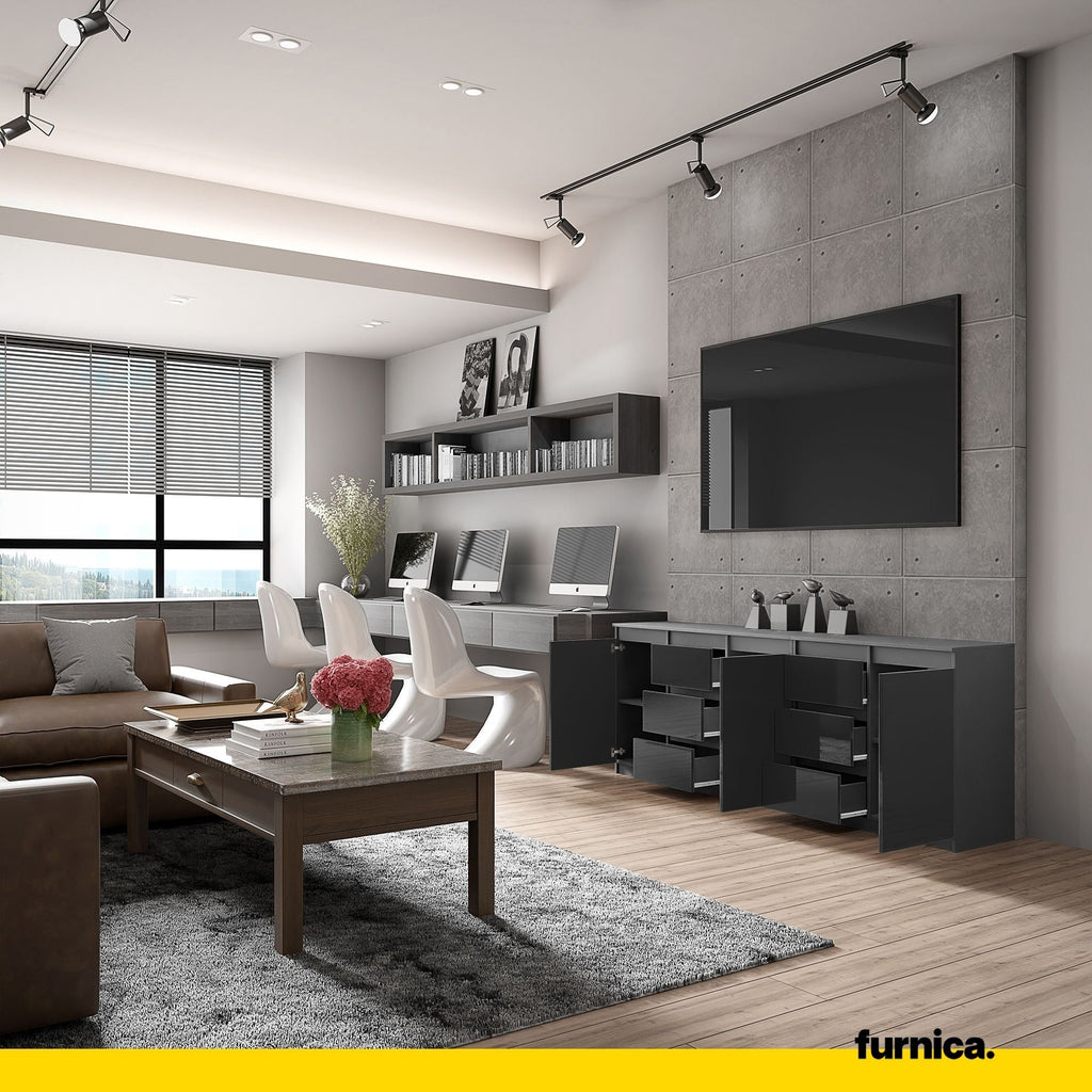 MIKEL - Komoda se 6 šuplíky a 3 dveřmi - Skříň na oblečení do ložnice - Anthracit / Lesklý černý - Výška 75 cm, šířka 200 cm, hloubka 35 cm.