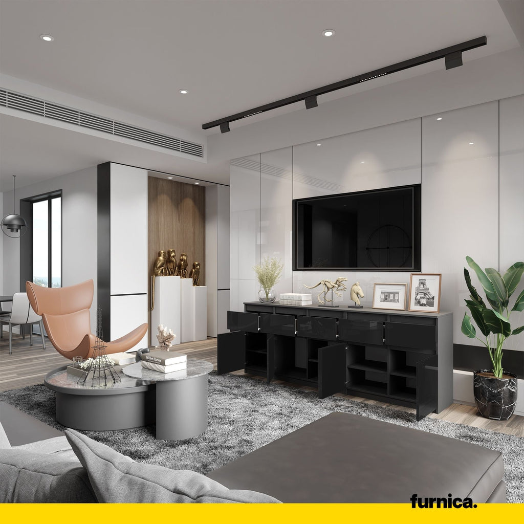 NOAH - Komoda se 5 šuplíky a 5 dveřmi - Skříň na uložení oblečení do ložnice - Anthracit / Lesklý černý - V: 75 cm, Š: 200 cm, H: 35 cm