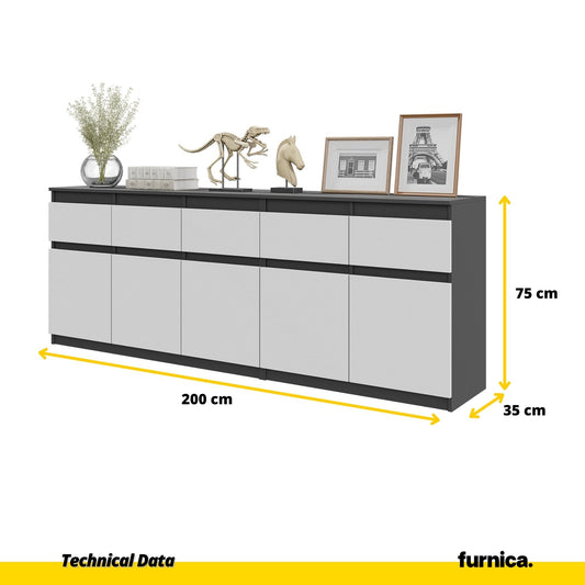 NOAH - Komoda se 5 šuplíky a 5 dveřmi - Skříň na uložení oblečení do ložnice - Anthracit / Matně bílá - V: 75 cm, Š: 200 cm, H: 35 cm